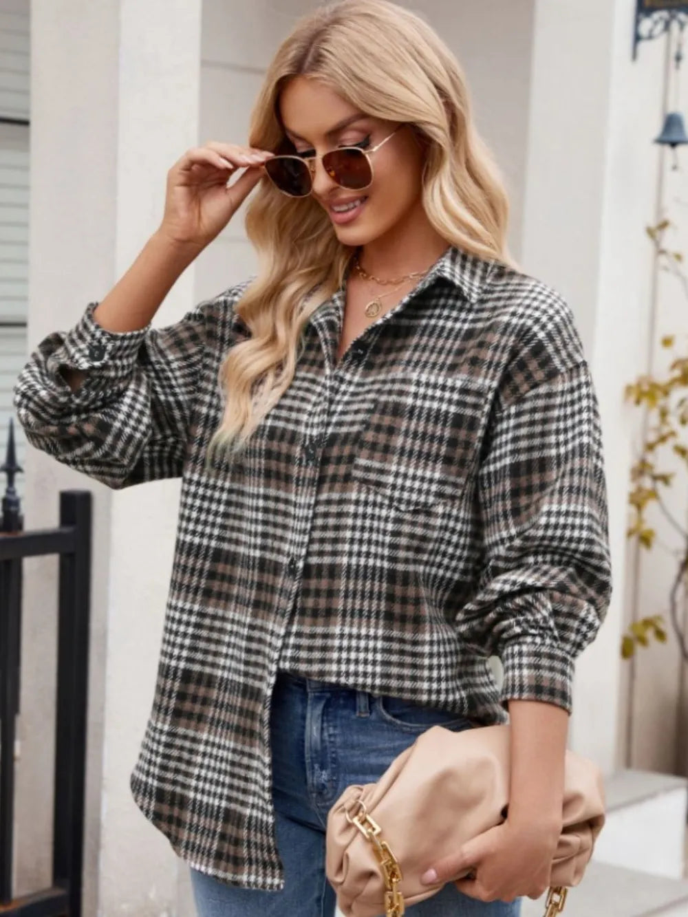Thousand bird plaid button down flannel shirt