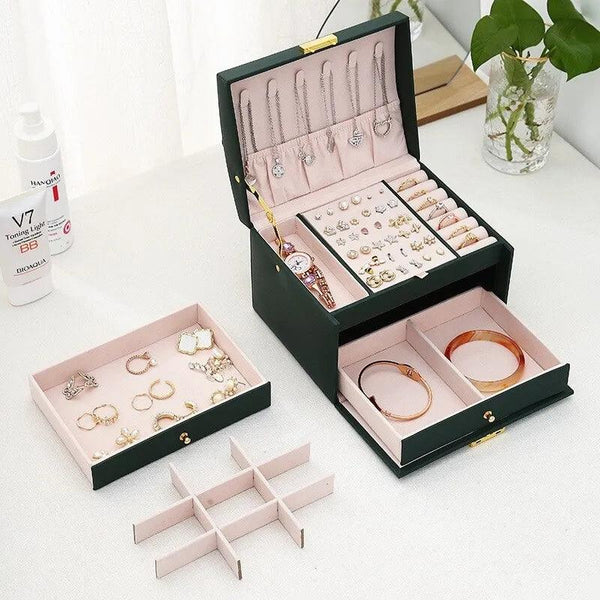 3 Layer Leather Jewelry Box Organizer with Drawers Velvet Lined 17.5cm