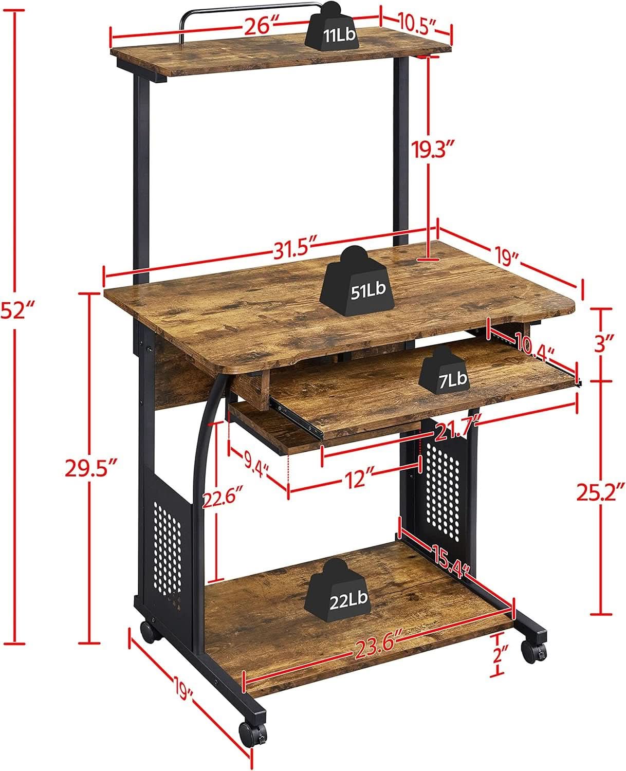 Three Tier Rolling Computer Desk with Keyboard Tray