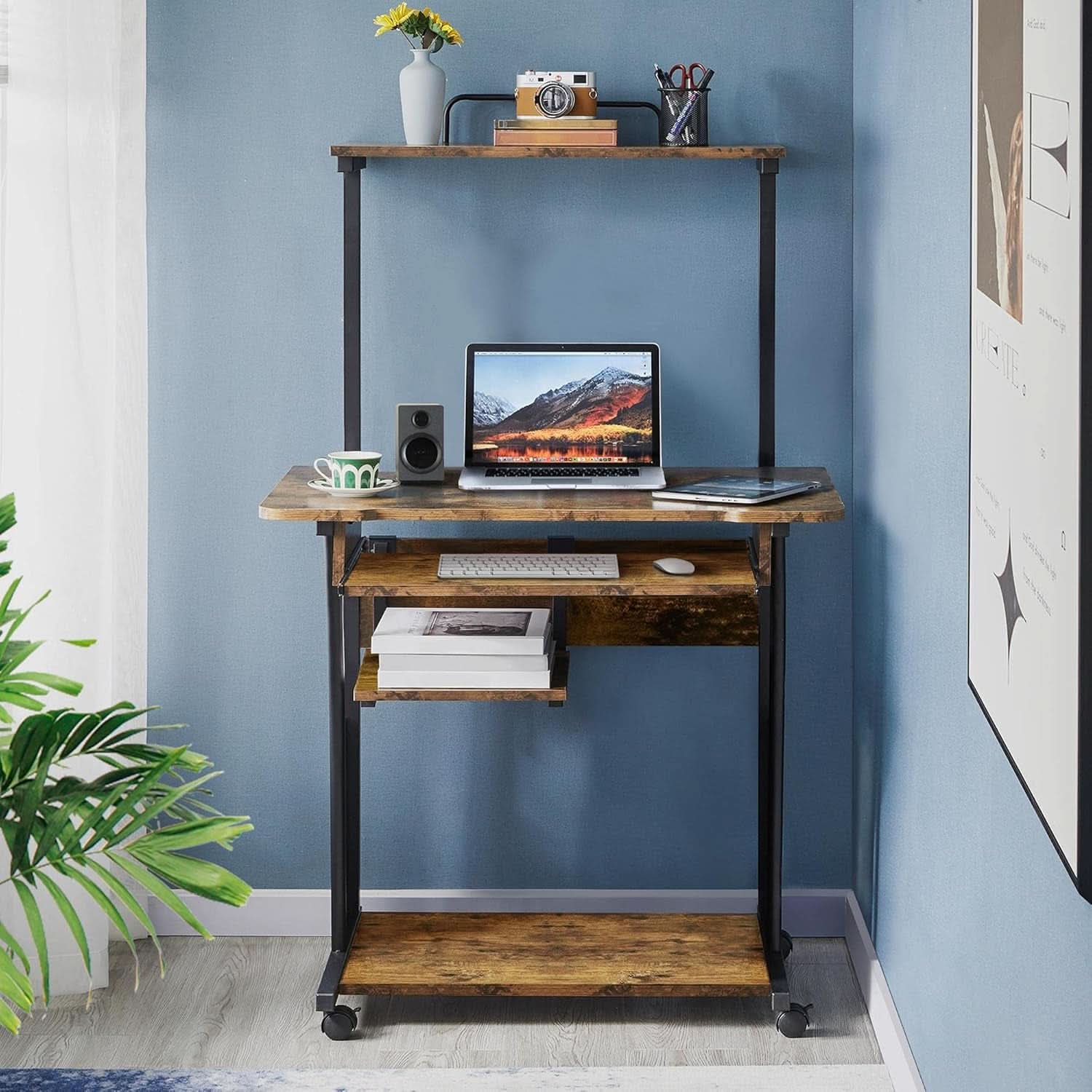 Three Tier Rolling Computer Desk with Keyboard Tray