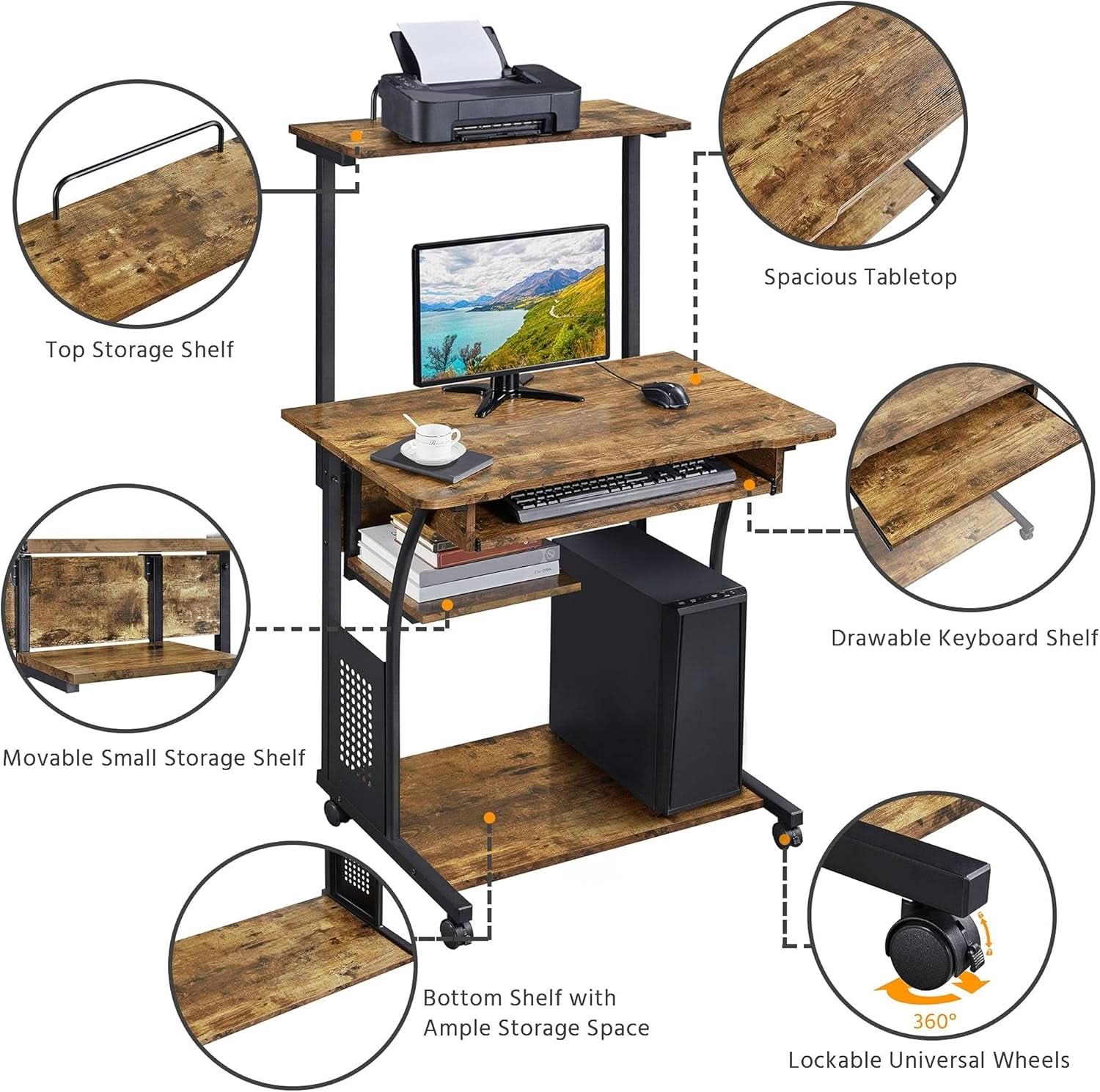 Three Tier Rolling Computer Desk with Keyboard Tray