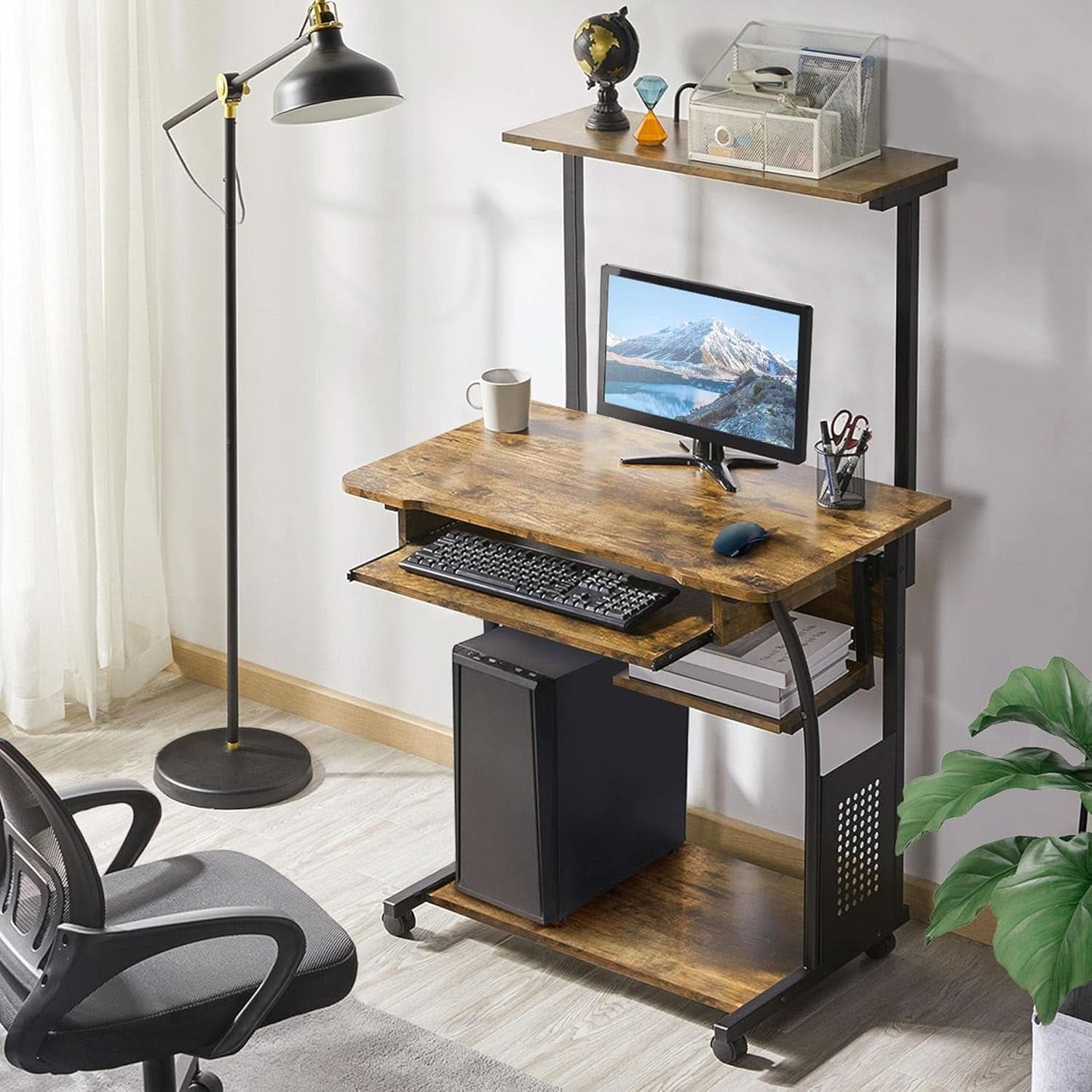 Three Tier Rolling Computer Desk with Keyboard Tray