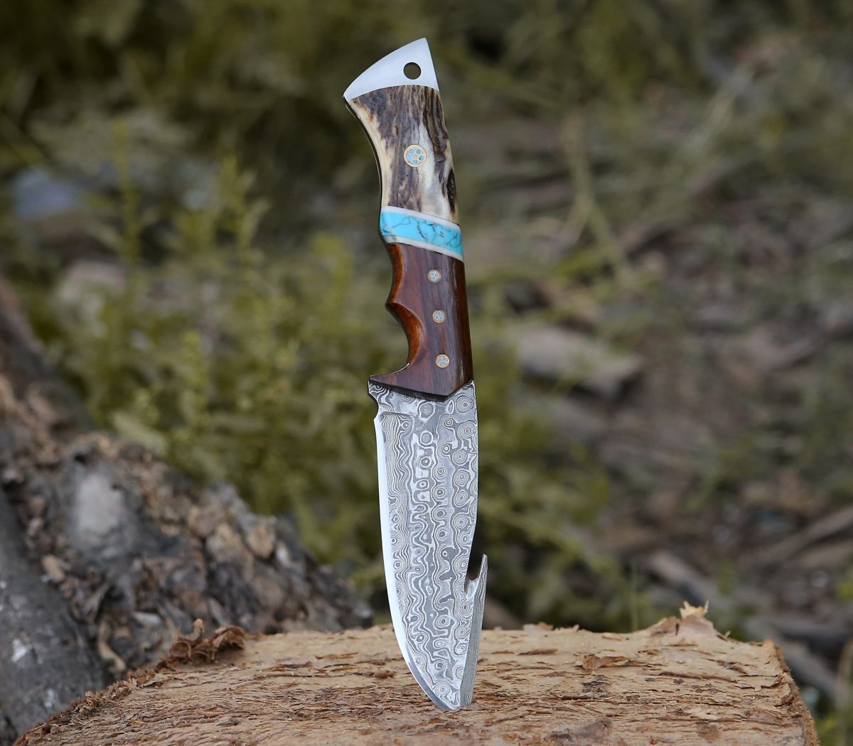 Thunder Damascus Gut Hook Knife with Antler & Turquoise Handle