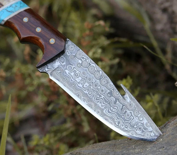 Thunder Damascus Gut Hook Knife with Antler & Turquoise Handle - Gifts for You 'n Me