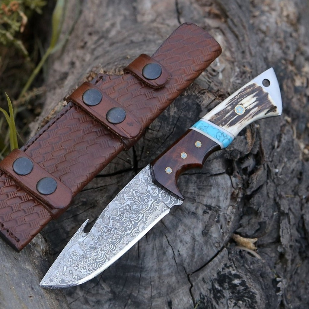 Thunder Damascus Gut Hook Knife with Antler & Turquoise Handle