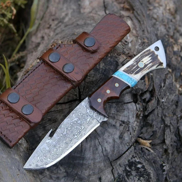 Thunder Damascus Gut Hook Knife with Antler & Turquoise Handle - Gifts for You 'n Me