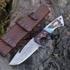 Thunder Damascus Gut Hook Knife with Antler & Turquoise Handle