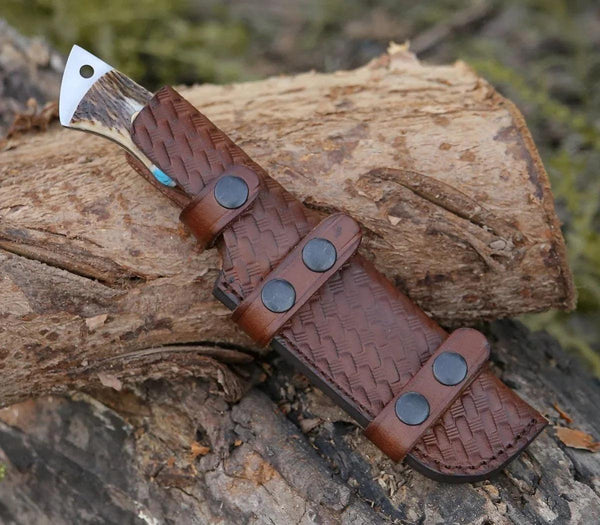 Thunder Damascus Gut Hook Knife with Antler & Turquoise Handle - Gifts for You 'n Me