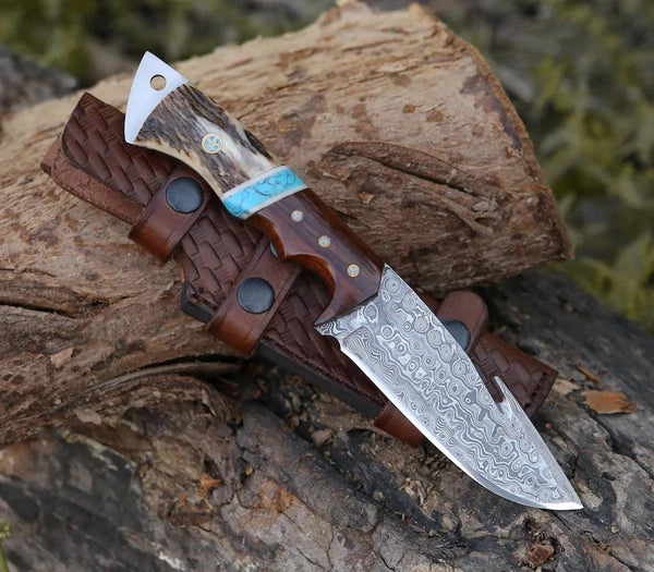 Thunder Damascus Gut Hook Knife with Antler & Turquoise Handle - Gifts for You 'n Me