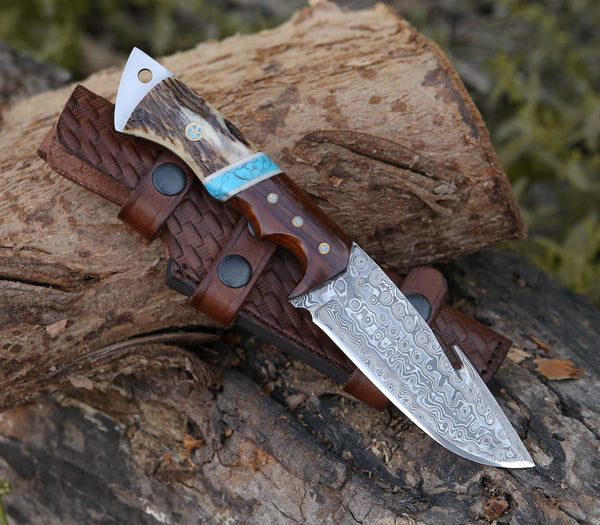 Thunder Damascus Gut Hook Knife with Antler & Turquoise Handle