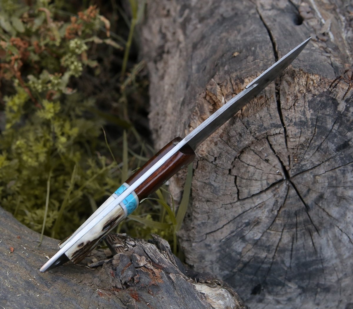 Thunder Damascus Gut Hook Knife with Antler & Turquoise Handle