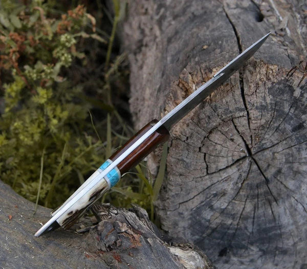 Thunder Damascus Gut Hook Knife with Antler & Turquoise Handle - Gifts for You 'n Me