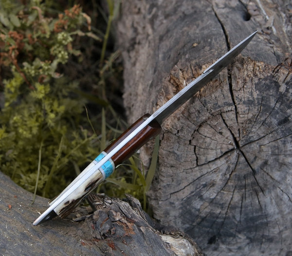 Thunder Damascus Gut Hook Knife with Antler & Turquoise Handle