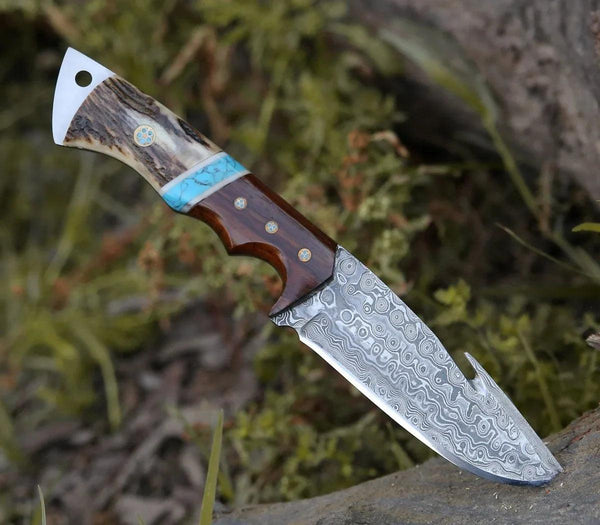 Thunder Damascus Gut Hook Knife with Antler & Turquoise Handle - Gifts for You 'n Me