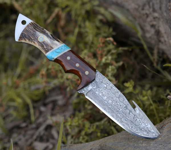 Thunder Damascus Gut Hook Knife with Antler & Turquoise Handle