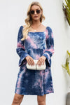 Tie-Dye Square Neck Flounce Sleeve Dress - Dark Blue / S