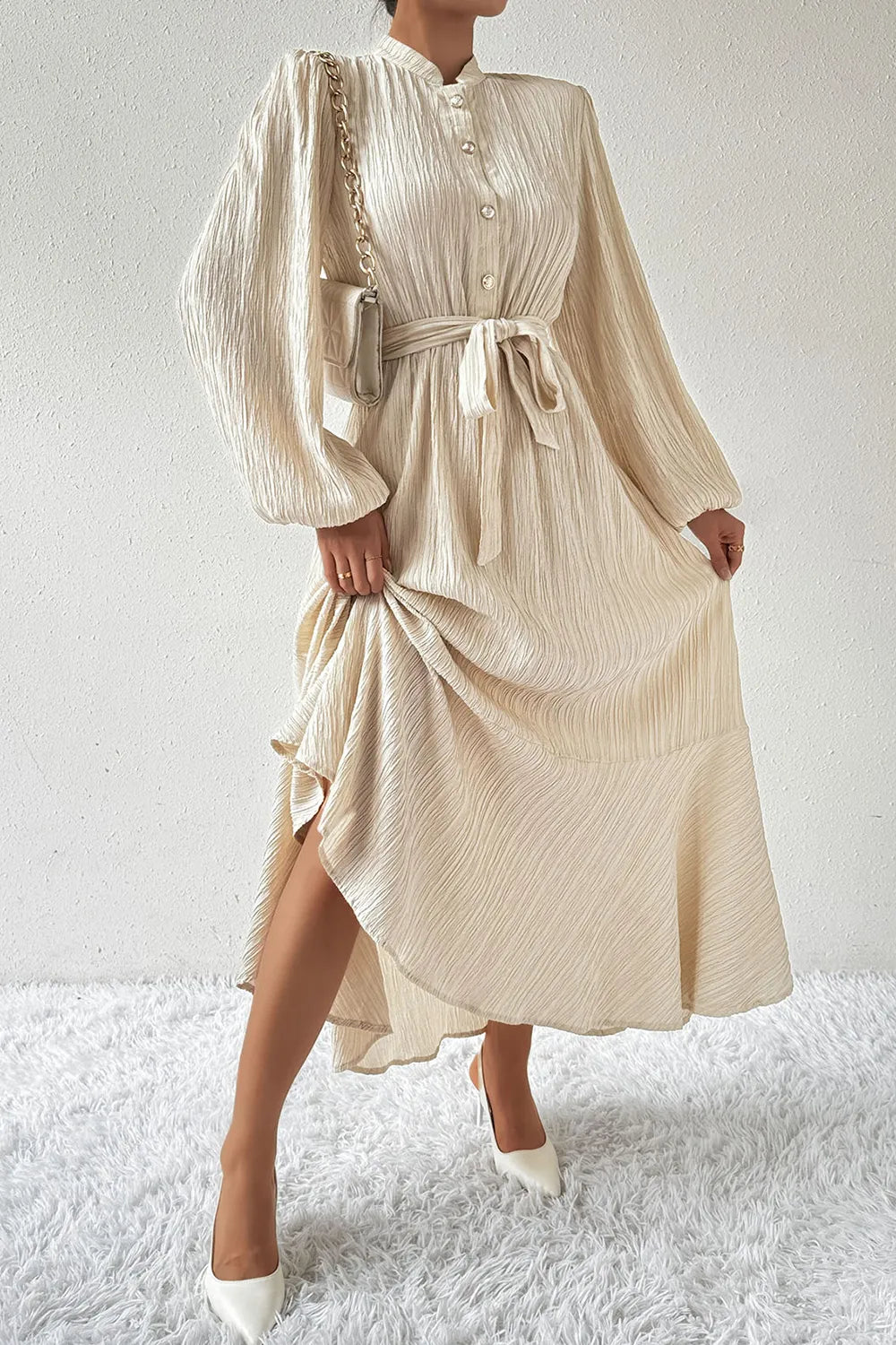 Tied Button Up Balloon Sleeve Dress