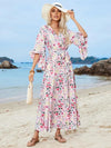 Tied Printed Three-Quarter Sleeve Midi Dress - Floral / S