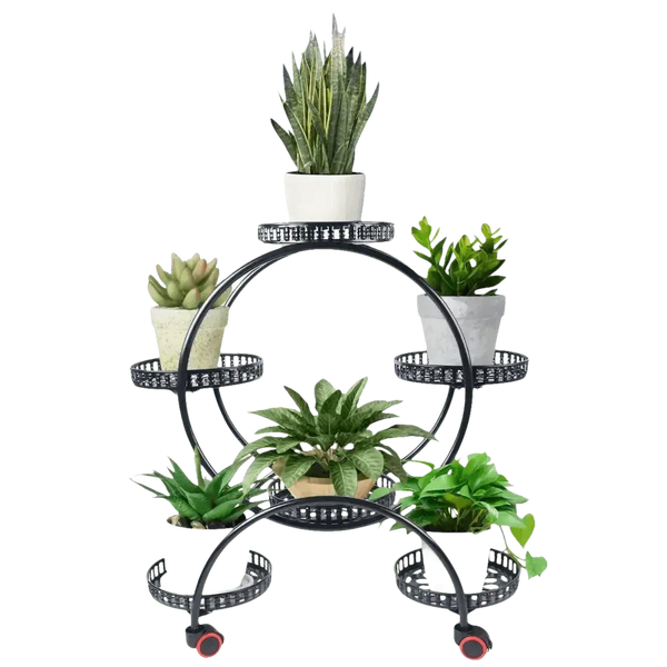 Black Metal Plant Stands Six Pots Circular Design