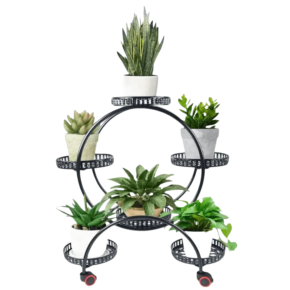Black Metal Plant Stands Six Pots Circular Design