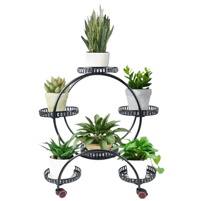 Black Metal Plant Stands Six Pots Circular Design