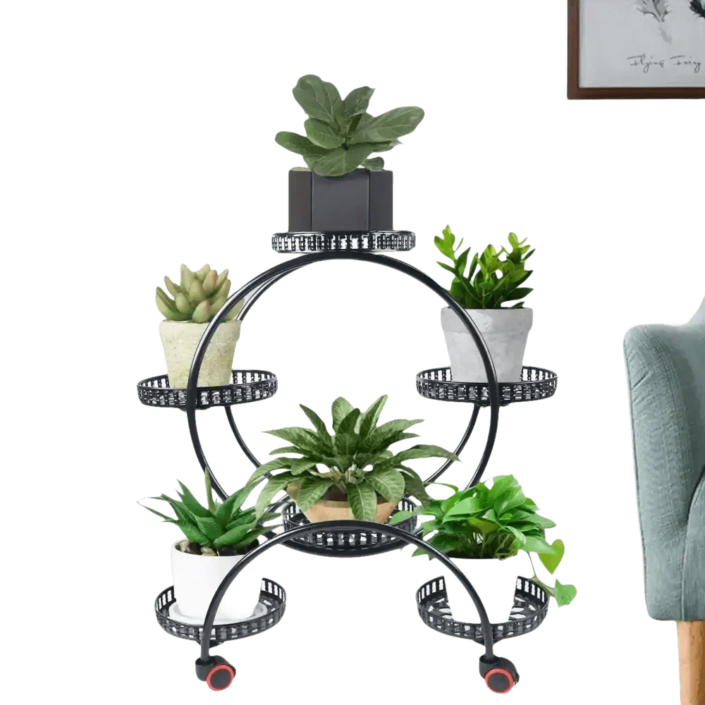Black Metal Plant Stands Six Pots Circular Design