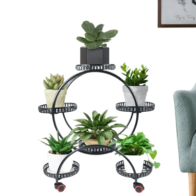 Black Metal Plant Stands Six Pots Circular Design