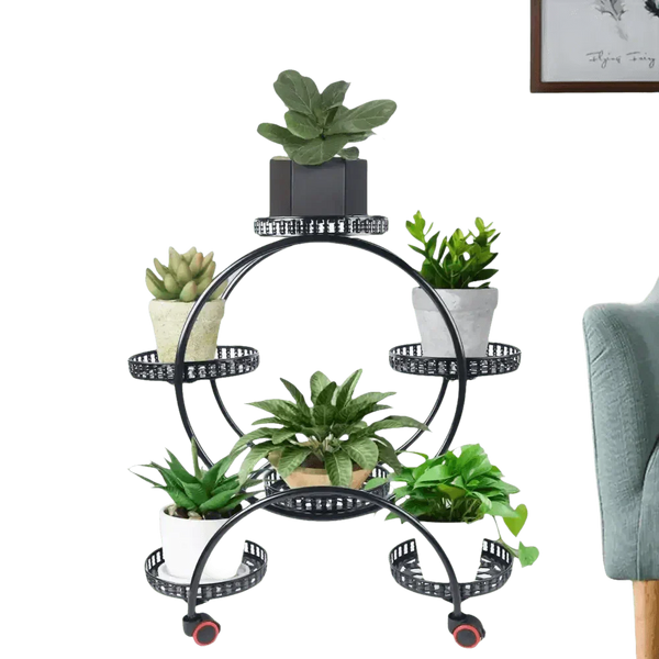 Black Metal Plant Stands Six Pots Circular Design