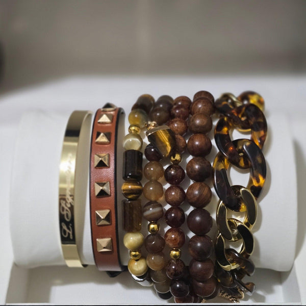 Tiger Eye and Wood Bead Bracelet set
