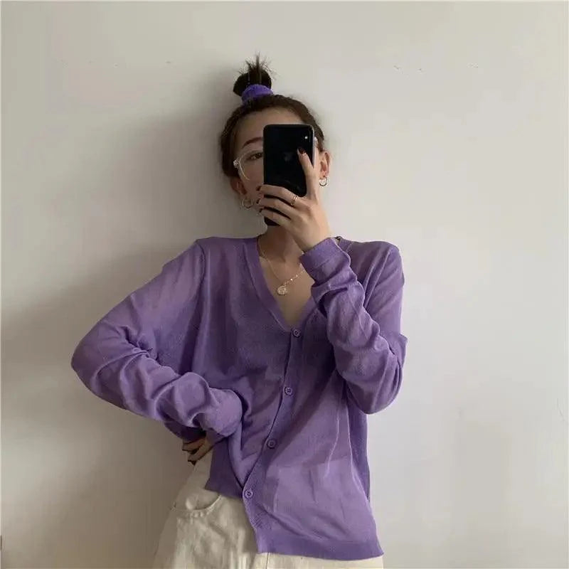 Cardigan For Women Long Sleeve Cardigan Summer Cropped Cardigan Knitted V neck Thin Ice Silk Sweaters Sunscreen Shirt Tops