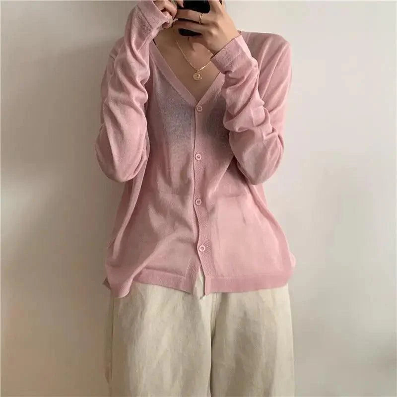 Cardigan For Women Long Sleeve Cardigan Summer Cropped Cardigan Knitted V neck Thin Ice Silk Sweaters Sunscreen Shirt Tops