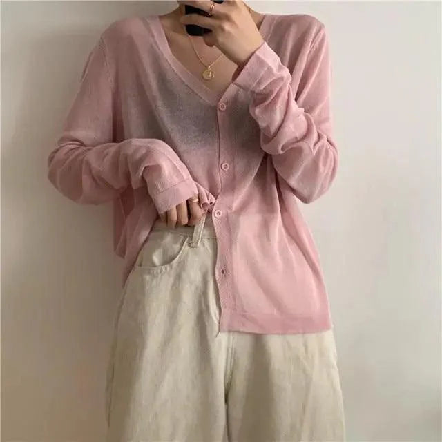 Cardigan For Women Long Sleeve Cardigan Summer Cropped Cardigan Knitted V neck Thin Ice Silk Sweaters Sunscreen Shirt Tops