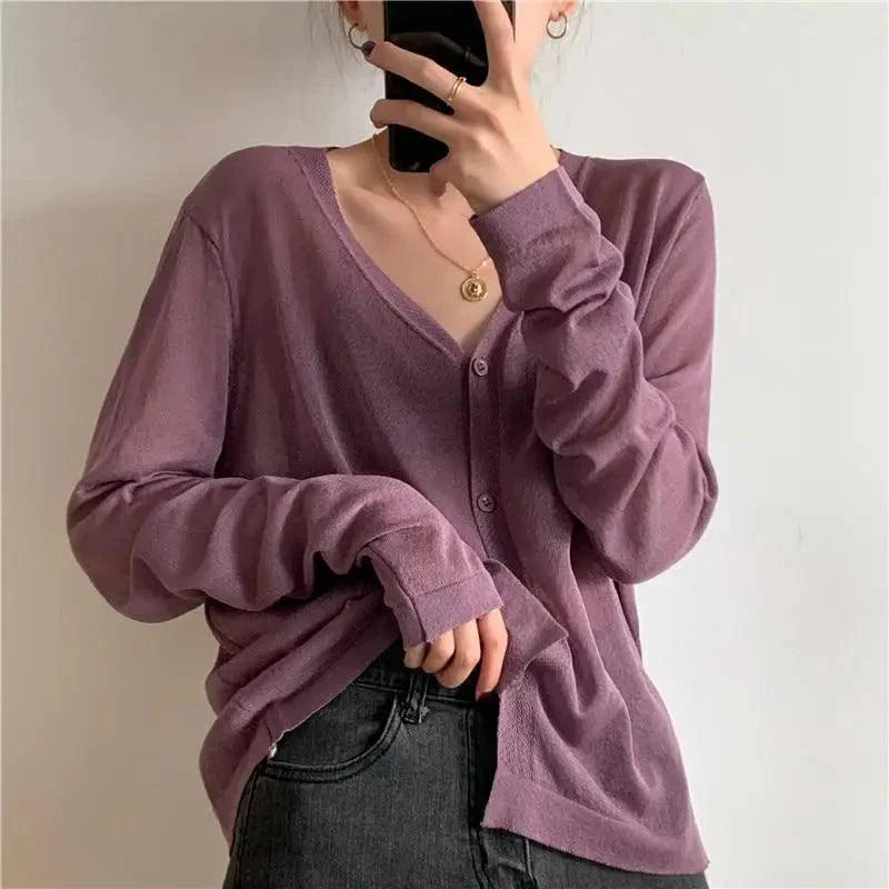 Cardigan For Women Long Sleeve Cardigan Summer Cropped Cardigan Knitted V neck Thin Ice Silk Sweaters Sunscreen Shirt Tops