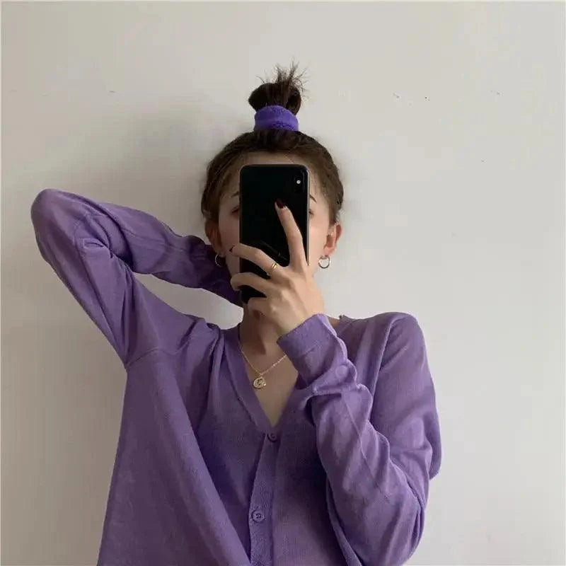 Cardigan For Women Long Sleeve Cardigan Summer Cropped Cardigan Knitted V neck Thin Ice Silk Sweaters Sunscreen Shirt Tops