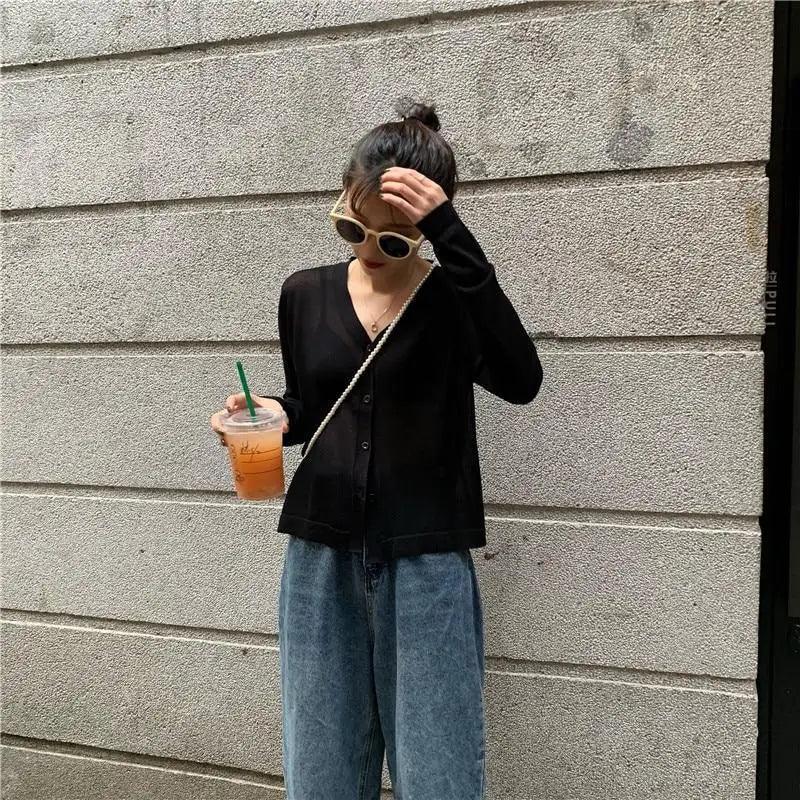 Cardigan For Women Long Sleeve Cardigan Summer Cropped Cardigan Knitted V neck Thin Ice Silk Sweaters Sunscreen Shirt Tops