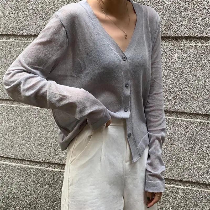 Cardigan For Women Long Sleeve Cardigan Summer Cropped Cardigan Knitted V neck Thin Ice Silk Sweaters Sunscreen Shirt Tops