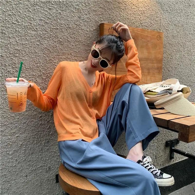 Cardigan For Women Long Sleeve Cardigan Summer Cropped Cardigan Knitted V neck Thin Ice Silk Sweaters Sunscreen Shirt Tops