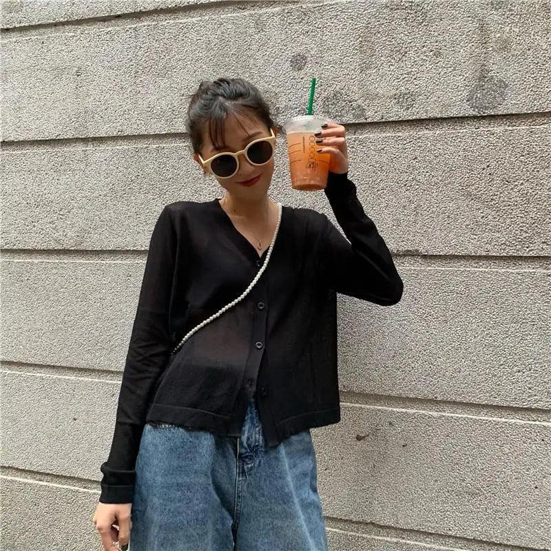 Cardigan For Women Long Sleeve Cardigan Summer Cropped Cardigan Knitted V neck Thin Ice Silk Sweaters Sunscreen Shirt Tops