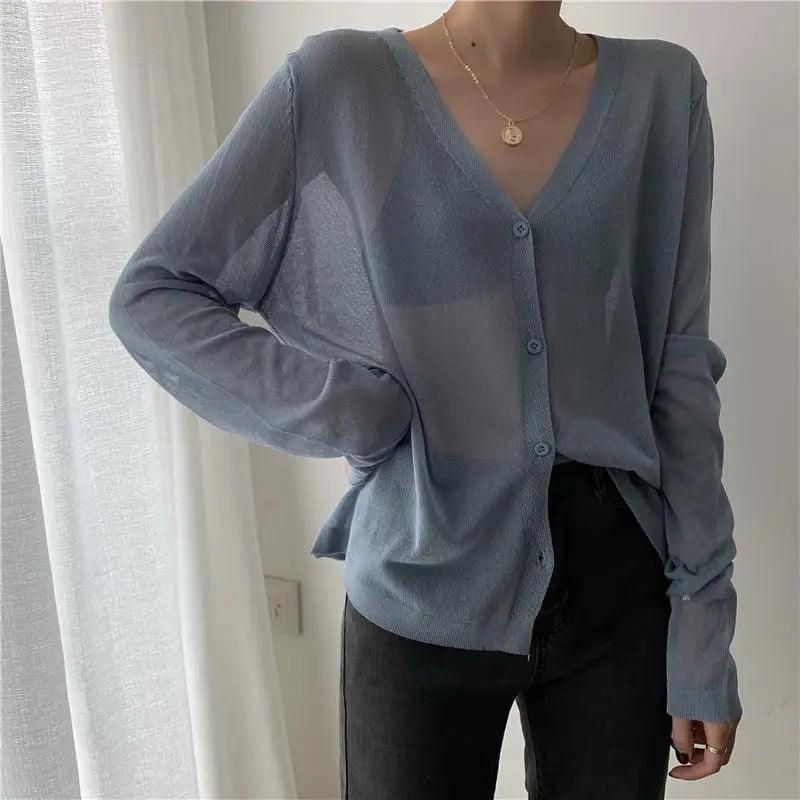Cardigan For Women Long Sleeve Cardigan Summer Cropped Cardigan Knitted V neck Thin Ice Silk Sweaters Sunscreen Shirt Tops