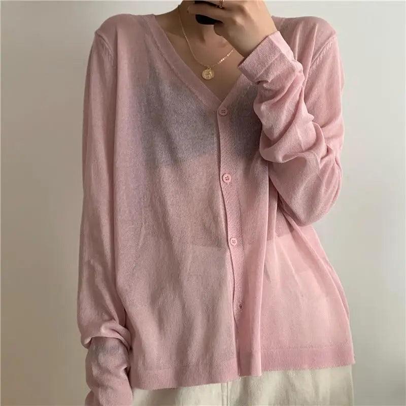 Cardigan For Women Long Sleeve Cardigan Summer Cropped Cardigan Knitted V neck Thin Ice Silk Sweaters Sunscreen Shirt Tops