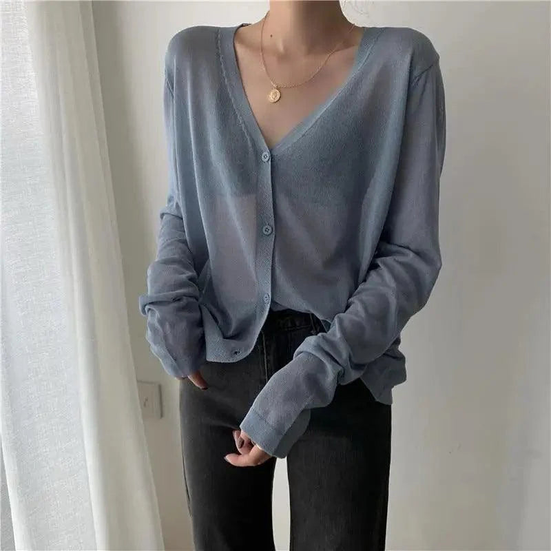 Cardigan For Women Long Sleeve Cardigan Summer Cropped Cardigan Knitted V neck Thin Ice Silk Sweaters Sunscreen Shirt Tops