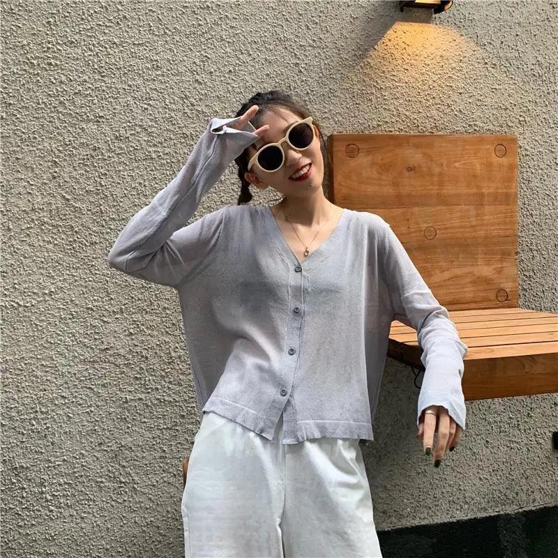 Cardigan For Women Long Sleeve Cardigan Summer Cropped Cardigan Knitted V neck Thin Ice Silk Sweaters Sunscreen Shirt Tops
