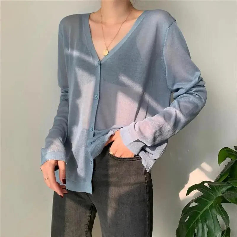 Cardigan For Women Long Sleeve Cardigan Summer Cropped Cardigan Knitted V neck Thin Ice Silk Sweaters Sunscreen Shirt Tops