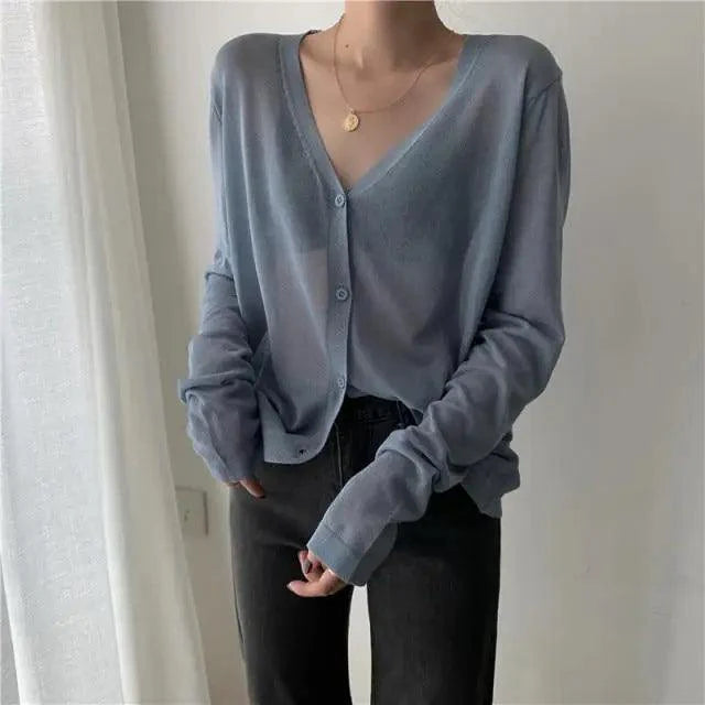 Cardigan For Women Long Sleeve Cardigan Summer Cropped Cardigan Knitted V neck Thin Ice Silk Sweaters Sunscreen Shirt Tops