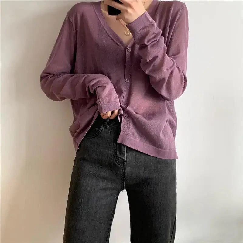 Cardigan For Women Long Sleeve Cardigan Summer Cropped Cardigan Knitted V neck Thin Ice Silk Sweaters Sunscreen Shirt Tops