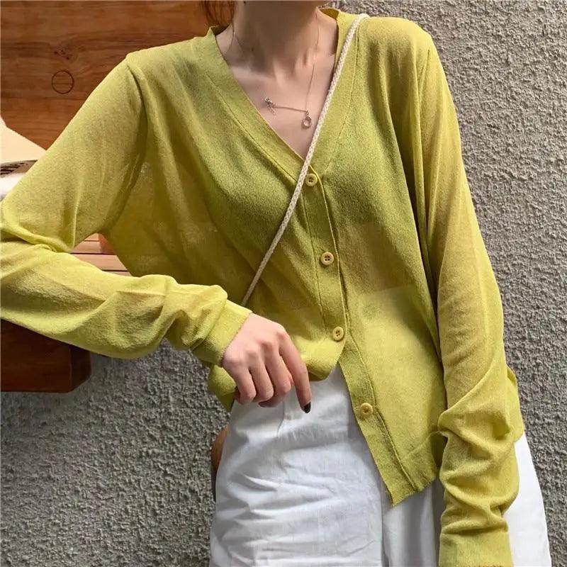 Cardigan For Women Long Sleeve Cardigan Summer Cropped Cardigan Knitted V neck Thin Ice Silk Sweaters Sunscreen Shirt Tops