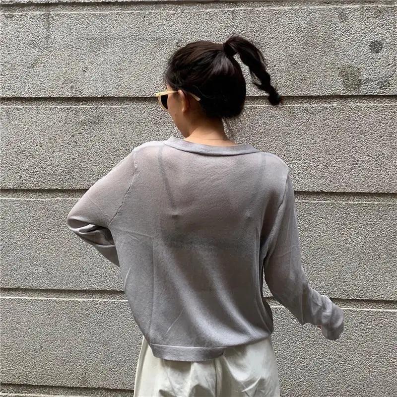 Cardigan For Women Long Sleeve Cardigan Summer Cropped Cardigan Knitted V neck Thin Ice Silk Sweaters Sunscreen Shirt Tops