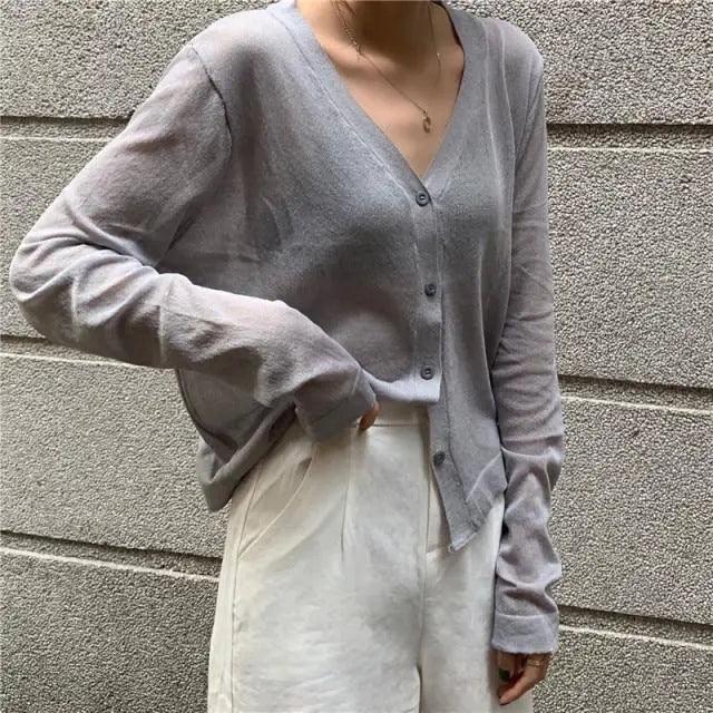 Cardigan For Women Long Sleeve Cardigan Summer Cropped Cardigan Knitted V neck Thin Ice Silk Sweaters Sunscreen Shirt Tops