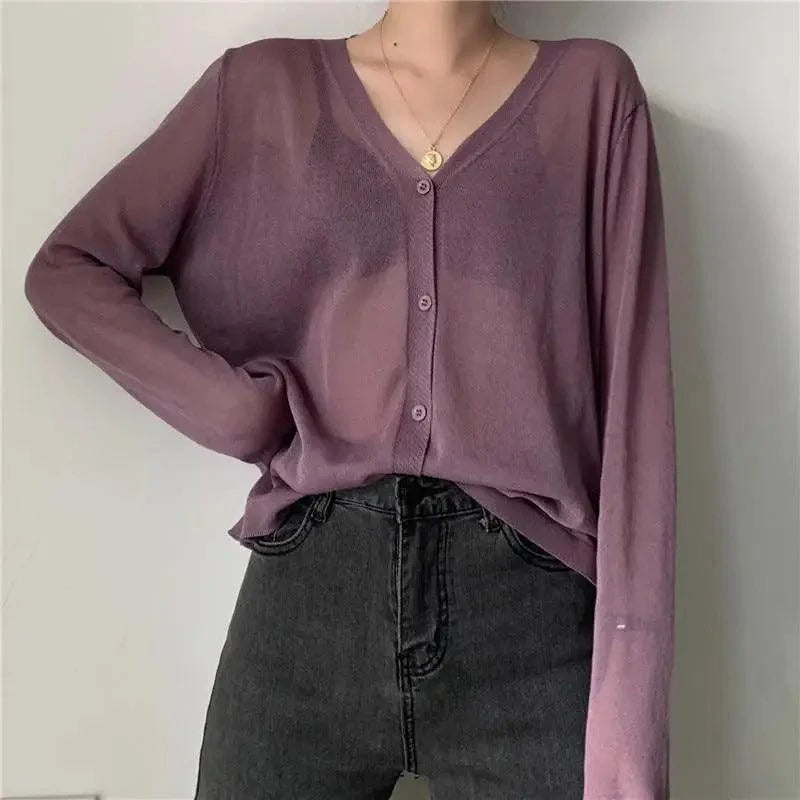 Cardigan For Women Long Sleeve Cardigan Summer Cropped Cardigan Knitted V neck Thin Ice Silk Sweaters Sunscreen Shirt Tops