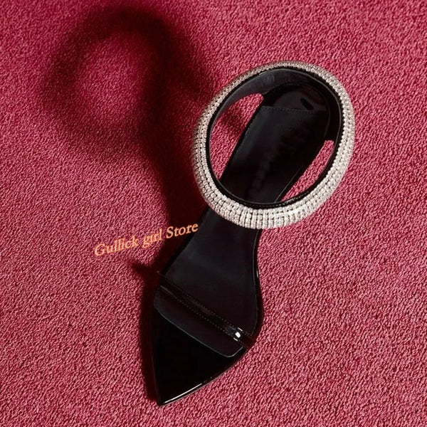 Top Quality Crystal Strap Stiletto Sandals Sexy Pointed Toe Black Patend Leather Slip On Fashion   Summer New Arrivals Shoes